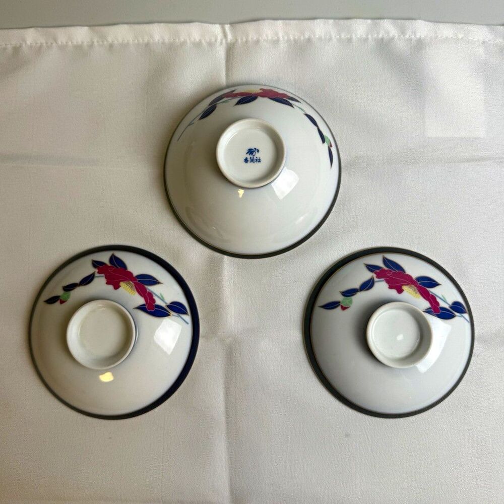 Japanese Porcelain Floral Bowls & Saucers Set w/ Markings, 3-Piece